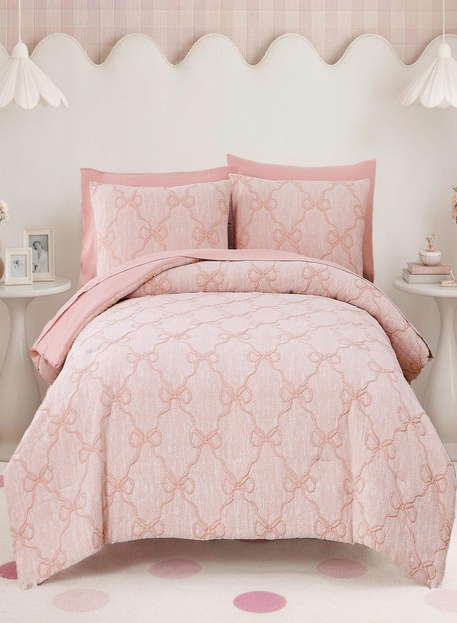 BLOOMHAVEN Twin XL Comforter Set for Girls, 5 Pieces Pink Bow Bedding Set, All Seasons Kids Twin Comforter Set with Sheets, Pillowcase & Sham - Image 1
