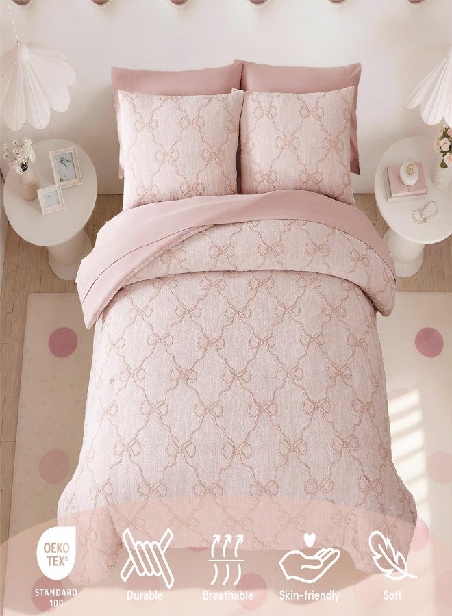 BLOOMHAVEN Twin XL Comforter Set for Girls, 5 Pieces Pink Bow Bedding Set, All Seasons Kids Twin Comforter Set with Sheets, Pillowcase & Sham - Image 3