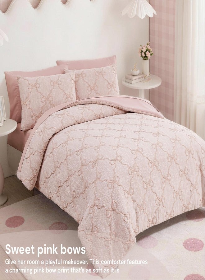 BLOOMHAVEN Twin XL Comforter Set for Girls, 5 Pieces Pink Bow Bedding Set, All Seasons Kids Twin Comforter Set with Sheets, Pillowcase & Sham - Image 2