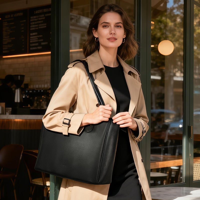 befen Black Genuine Leather Tote Bag for Women Work, Womens Totes Purse Bags Shoulder Purses Satchel Handbags with 15.6" Compartment - Image 2