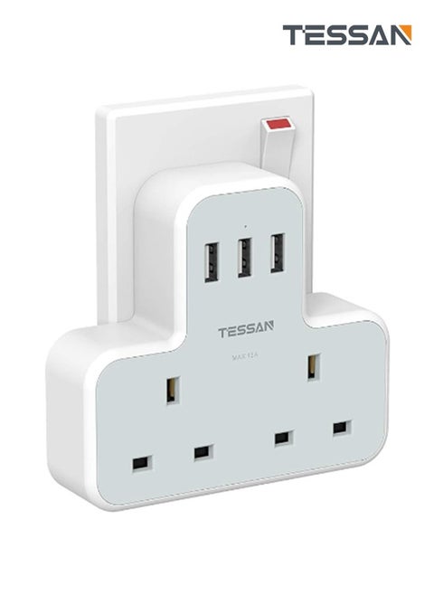 Plug Adapter with 3 USB Plug, TESSAN Double Plug Adaptor Extension Plug, 2 Way Multi Plug Extension with USB Charger Plug, Slim Multiple Plug Socket UK for Kitchen, Office, School Supplies