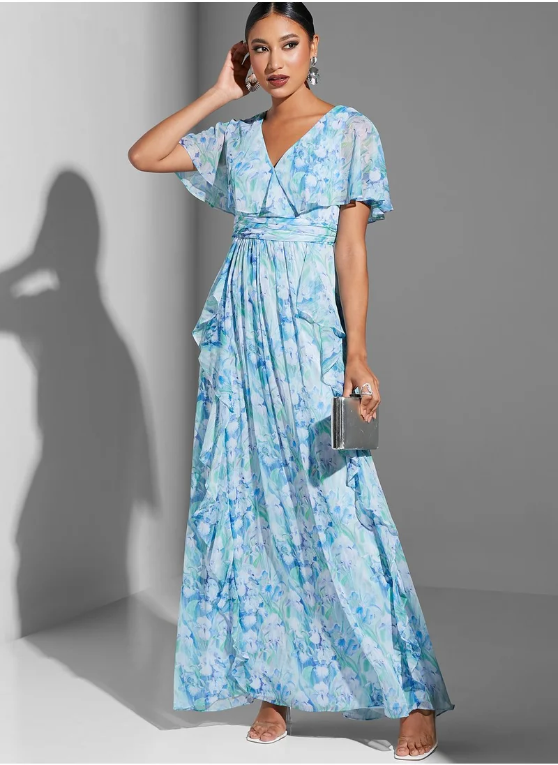 Adrianna Papell V-Neck Ruffle Detail Printed Dress