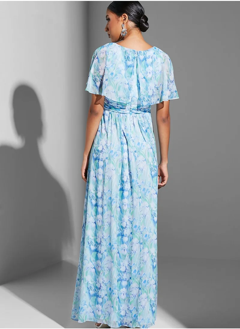 Adrianna Papell V-Neck Ruffle Detail Printed Dress