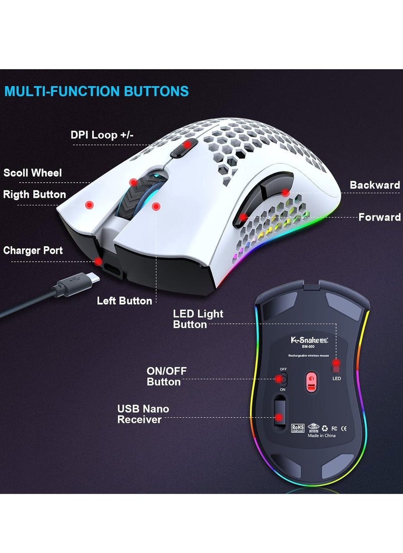 BM600 Wireless Lightweight Gaming Mouse,2.4G Wireless Rechargeable Computer Mouse with Honeycomb Shell, USB Receiver, Adjustable DPI, Ergonomic RGB Gamer Mice for PC Mac Gamer