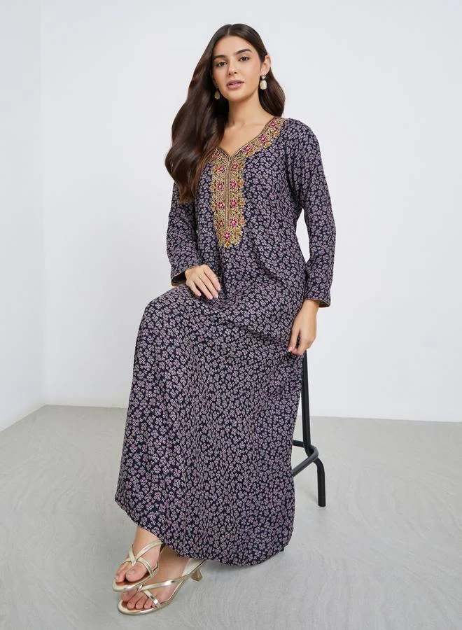 مكسيم كريشن Maxim Creation Multi Thread Embroidery Jalabiya with All Over Print