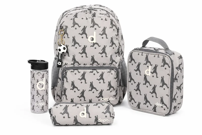 Depo DEPO 4-Piece School Set for Kids – 44 cm Grey & Black Soccer Pattern Backpack with Insulated Lunch Bag, Matching Pencil Case & 500ml BPA-Free Water Bottle
