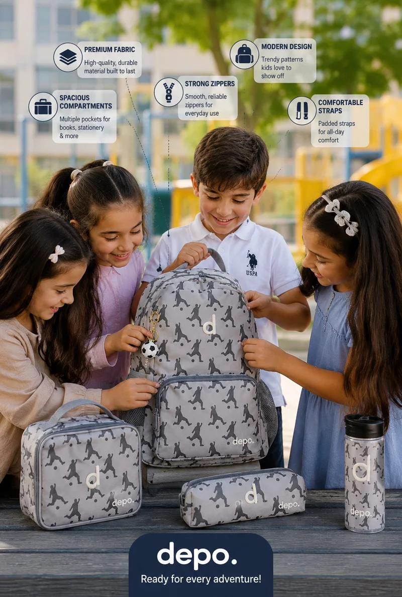 Depo DEPO 4-Piece School Set for Kids – 44 cm Grey & Black Soccer Pattern Backpack with Insulated Lunch Bag, Matching Pencil Case & 500ml BPA-Free Water Bottle