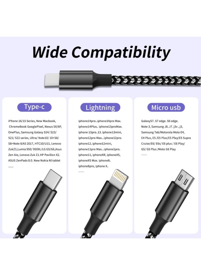 كابل تايم بوكس 3 في 1، شحن فائق السرعة، USB، Type-C 67W، Lightning 27W، أسود، Micro-USB، نايلون متين، 1.2م، متوافق مع آيفون، سامسونج، هواوي، ماك بوك، شياومي، أسود - Image 5