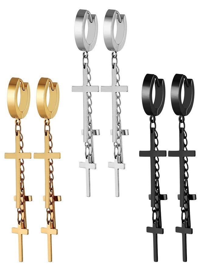 HZMAN 3 Pair Stainless Steel Cross Earrings for Women Drop Dangle Huggie Tassel Earrings Set - Image 1