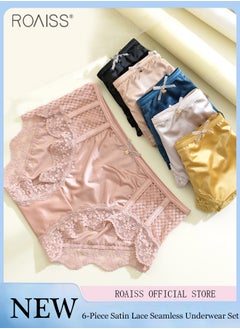 roaiss 6-Piece Set Of Women's Lace Satin Underwear Ice Silk Mid Waist Elastic Fit Underpants  - Image 1