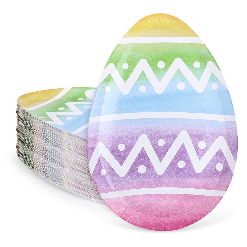 Whaline 40Pcs Easter Paper Plates Easter Egg Shaped Disposable Plates Watercolor Easter Egg Decorative Tableware for Easter Holiday Spring Birthday Party Supplies Table Decorations  10.6 x 7.2 Inch - Image 1