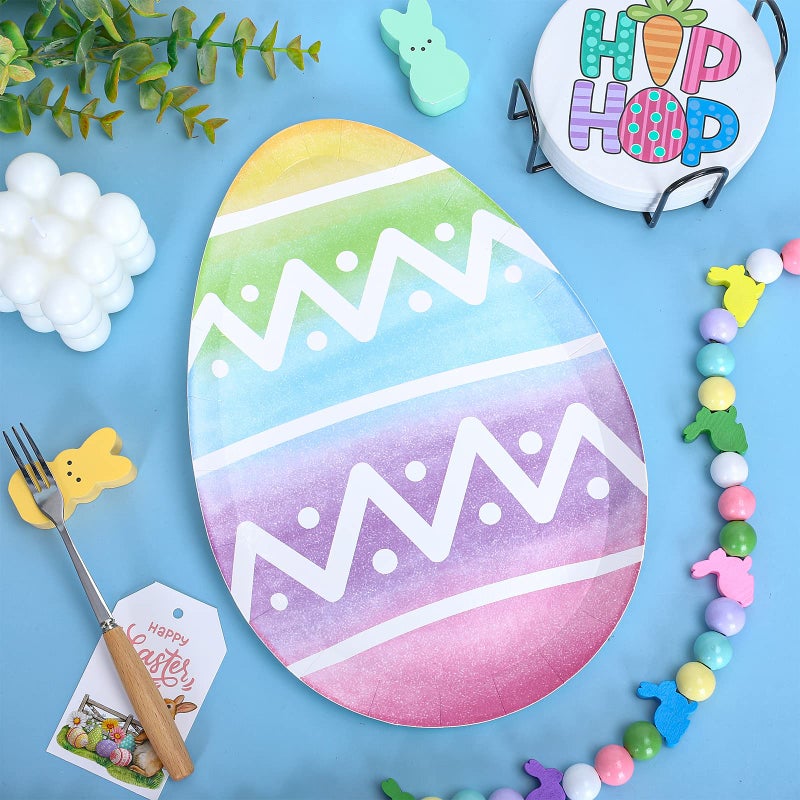 Whaline 40Pcs Easter Paper Plates Easter Egg Shaped Disposable Plates Watercolor Easter Egg Decorative Tableware for Easter Holiday Spring Birthday Party Supplies Table Decorations  10.6 x 7.2 Inch - Image 3