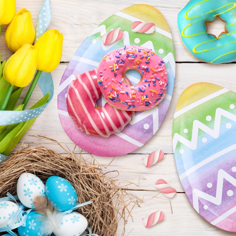 Whaline 40Pcs Easter Paper Plates Easter Egg Shaped Disposable Plates Watercolor Easter Egg Decorative Tableware for Easter Holiday Spring Birthday Party Supplies Table Decorations  10.6 x 7.2 Inch - Image 5
