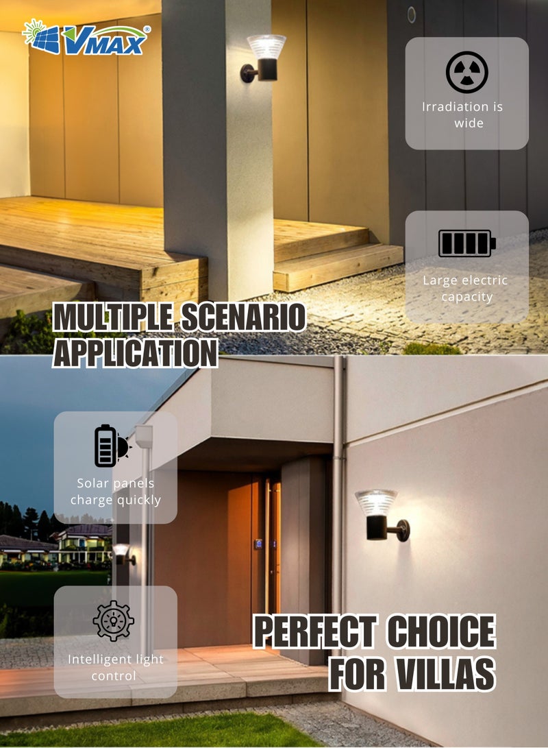 Vmax Solar Wall Lamp with 3.2V 6Ah Li-ion Battery, 3000K Warm White CCT, ≥70 CRI, LED 2835, Aluminum + PC Build, Optical Control, 30,000H Lifespan, Waterproof Outdoor Light For courtyard Garden Patio - Image 2