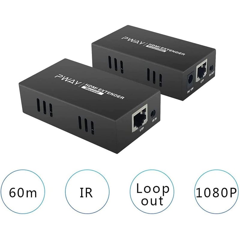 PWAY موسع HDMI من طراز PW-HT225PIR، نطاق إرسال 195 قدم/60 متر عبر كابل Cat5e/6/7 واحد، دعم دقة Full HD 1080P، تحكم بالأشعة تحت الحمراء، مخرج حلقي، وظيفة EDID ثلاثية الأبعاد. - Image 2