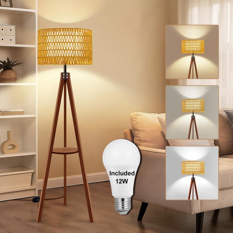 Vinaco Boho Tripod Floor Lamp with Shelf, Double Lampshades Mid-Century Standing Lamps, 3 Color Temperatures Wicker Floor Lamp, Foot Switch Rattan Tall Lamps for Bedroom, Living Room, Office - Image 1