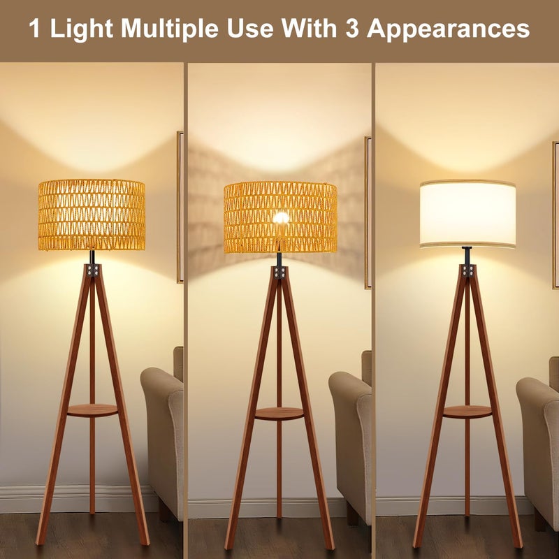 Vinaco Boho Tripod Floor Lamp with Shelf, Double Lampshades Mid-Century Standing Lamps, 3 Color Temperatures Wicker Floor Lamp, Foot Switch Rattan Tall Lamps for Bedroom, Living Room, Office - Image 3