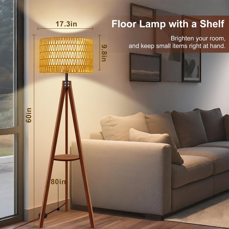 Vinaco Boho Tripod Floor Lamp with Shelf, Double Lampshades Mid-Century Standing Lamps, 3 Color Temperatures Wicker Floor Lamp, Foot Switch Rattan Tall Lamps for Bedroom, Living Room, Office - Image 4