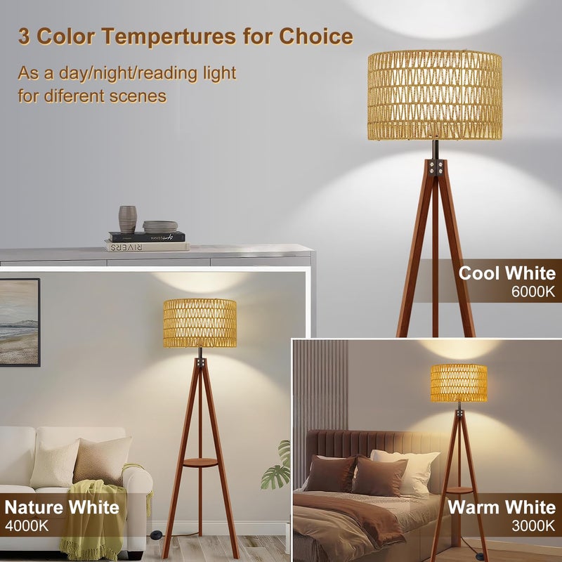 Vinaco Boho Tripod Floor Lamp with Shelf, Double Lampshades Mid-Century Standing Lamps, 3 Color Temperatures Wicker Floor Lamp, Foot Switch Rattan Tall Lamps for Bedroom, Living Room, Office - Image 2