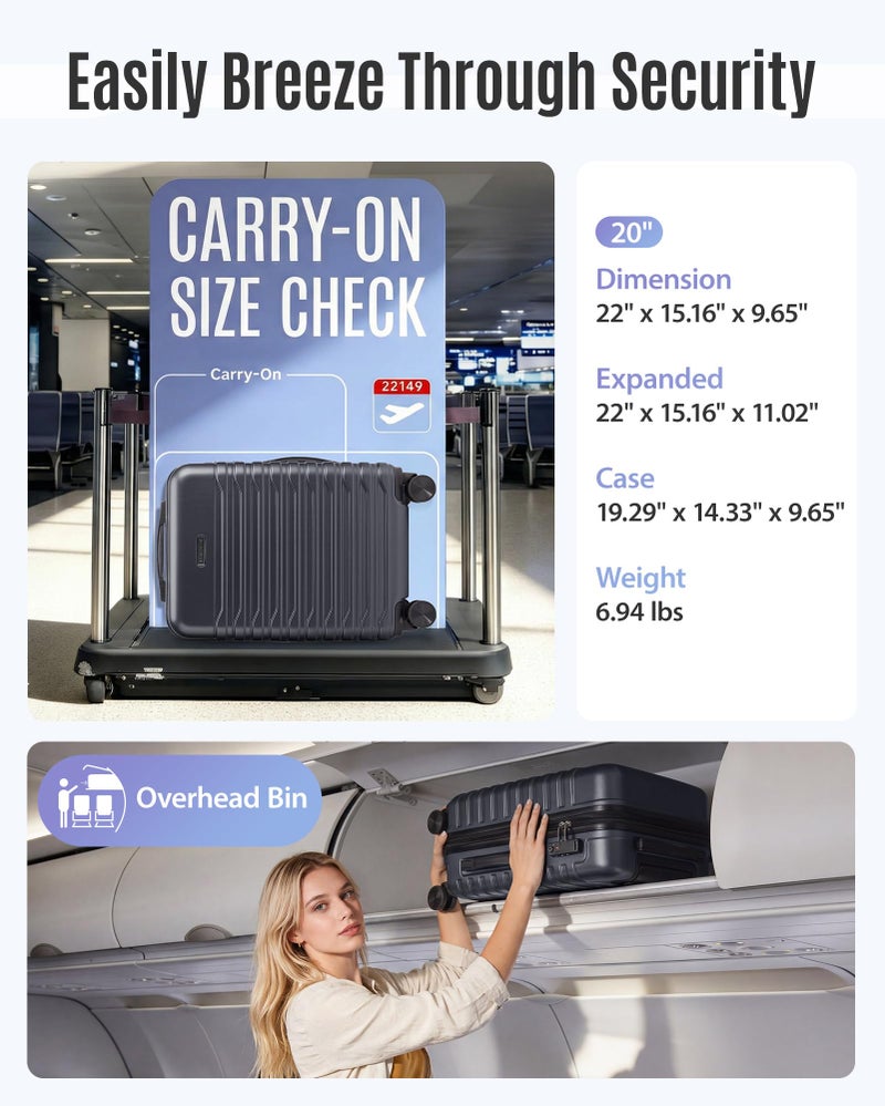 LIGHT FLIGHT Expandable Carry On Luggage 22x14x9 Airline Approved with Double Spinner Wheels, 20 Inch Lightweight Hard Shell Rolling Suitcases with TSA Lock, Black - Image 3