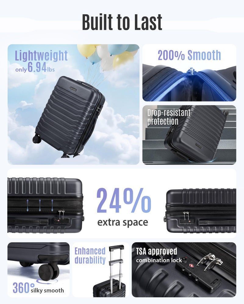 LIGHT FLIGHT Expandable Carry On Luggage 22x14x9 Airline Approved with Double Spinner Wheels, 20 Inch Lightweight Hard Shell Rolling Suitcases with TSA Lock, Black - Image 2
