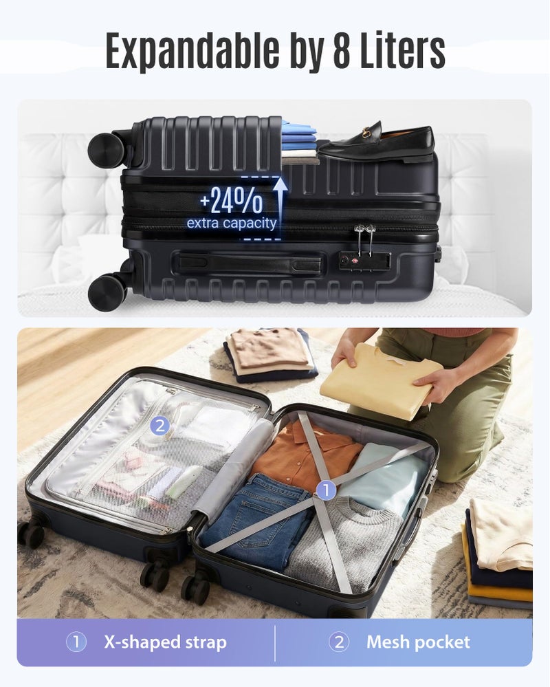 LIGHT FLIGHT Expandable Carry On Luggage 22x14x9 Airline Approved with Double Spinner Wheels, 20 Inch Lightweight Hard Shell Rolling Suitcases with TSA Lock, Black - Image 4