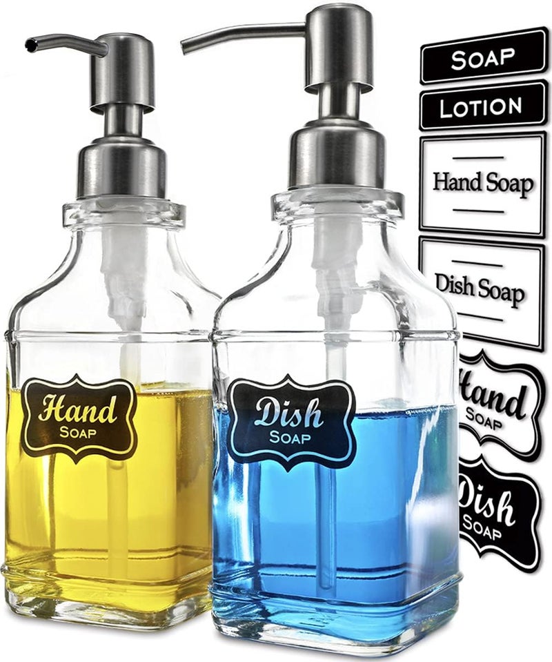 JASAI 2Pack Antique Design Glass Soap Dispenser with Rust Proof 304 Stainless Steel Pump, Refillable Hand Soap Dispenser with 10Pcs Stickers, Premium Soap Dispensers for Kitchen & Bathroom (Clear) - Image 1
