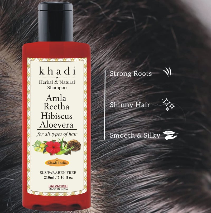 Satvayush Khadi Amla Reetha Hibiscus Aloevera Shampoo for Anti-hair Fall, Dryness Care, Anti-dandruff SLS-Paraben free Natural & Herbal - 210 ml - Image 3
