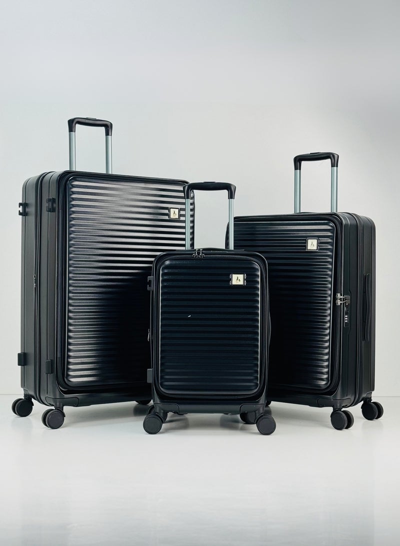 SAW & SEE STYLISH PP + PC FRONT OPEN LIGHT WEIGHT LUGGAGE BAG SET OF 3 PIECES DEDICATED LAPTOP KEEPING AREA, ANTI THEFT ZIPPER, 360 DEGREE ROTATING WHEELS AND TSA APPROVED LOCK HARD SHELL SUITCASE SET- 20"/24"/28" (12 KG-23 KG-35KG) - BLACK - Image 1