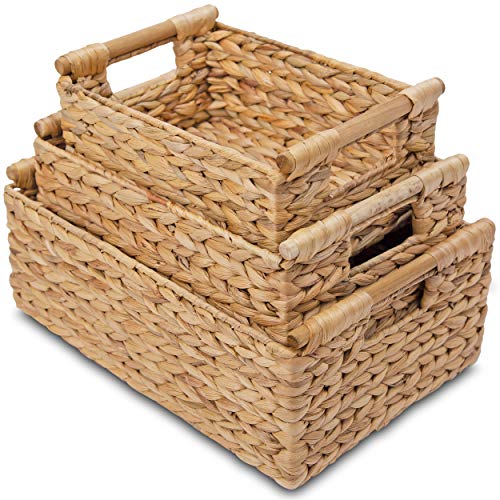 VATIMA Hyacinth Wicker Basket Set 3 size - Rectangular, Wooden Handles, Shelf Organizer, Natural Bins - Image 1