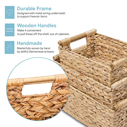 VATIMA Hyacinth Wicker Basket Set 3 size - Rectangular, Wooden Handles, Shelf Organizer, Natural Bins - Image 2