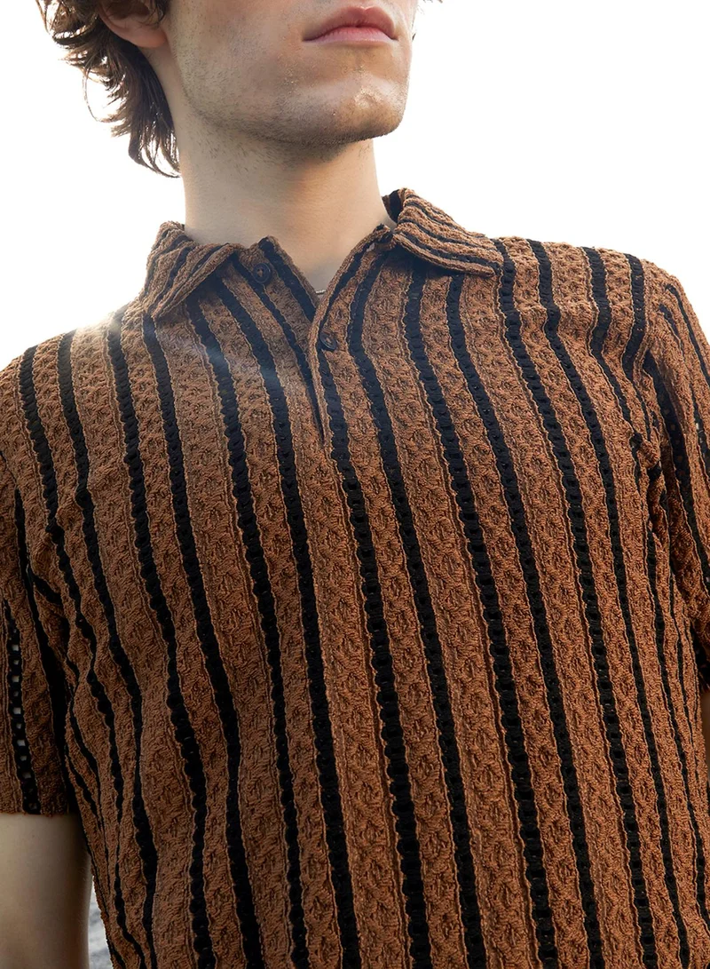 CAHOOT  Men's Sienna Brown & Onyx Black Tactile-Striped Polo T-Shirt for Men | Best Price UAE