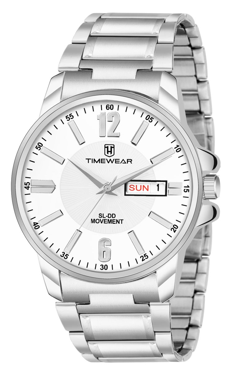 TIMEWEAR Analog Day Date Functioning White Dial Stainless Steel Chain Watch for Men - Image 1