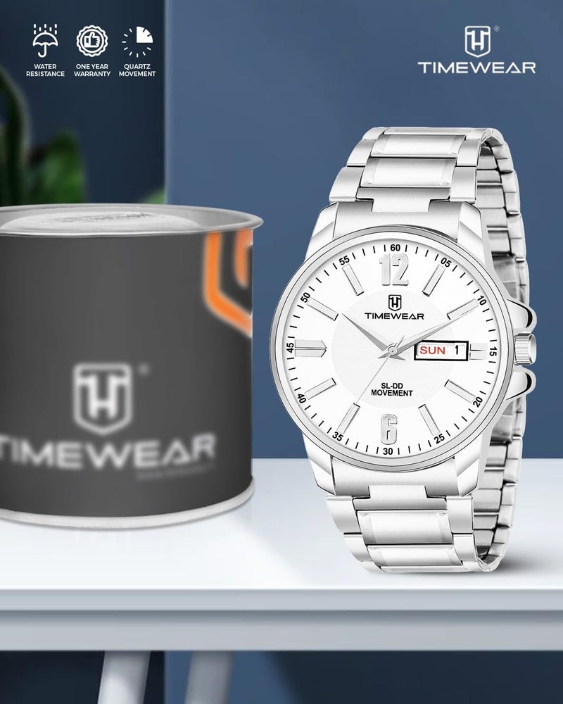 TIMEWEAR Analog Day Date Functioning White Dial Stainless Steel Chain Watch for Men - Image 2