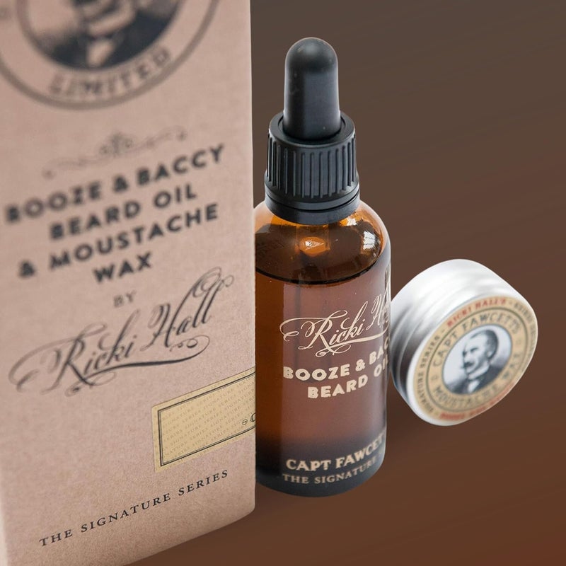 Captain Fawcett Ricki Halls Booze Baccy Beard Oil Moustache Wax Gift Set - Image 2