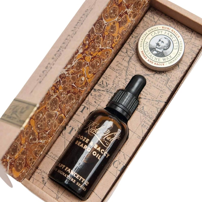 Captain Fawcett Ricki Halls Booze Baccy Beard Oil Moustache Wax Gift Set - Image 1