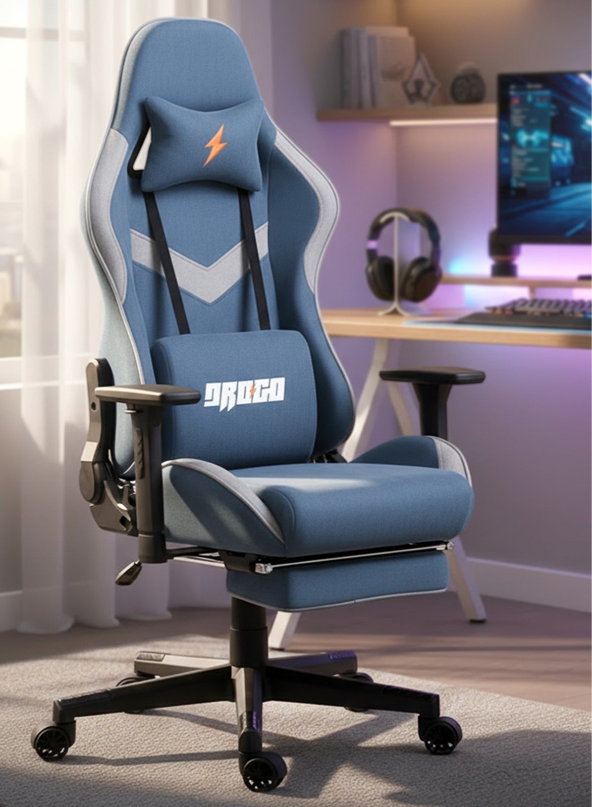 Ergonomic Gaming Chair with Adjustable Seat, 3D Armrest, Fabric Material, Computer Chair with Head & Massager Lumbar Pillow Video Games Chair Home Office Chair with Recline Back Footrest Blue