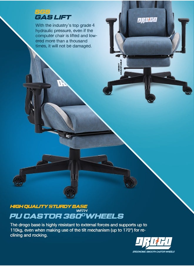 DROGO Ergonomic Gaming Chair with Adjustable Seat, 3D Armrest, Fabric Material, Computer Chair with Head & Massager Lumbar Pillow Video Games Chair Home Office Chair with Recline Back Footrest Blue  - Image 2