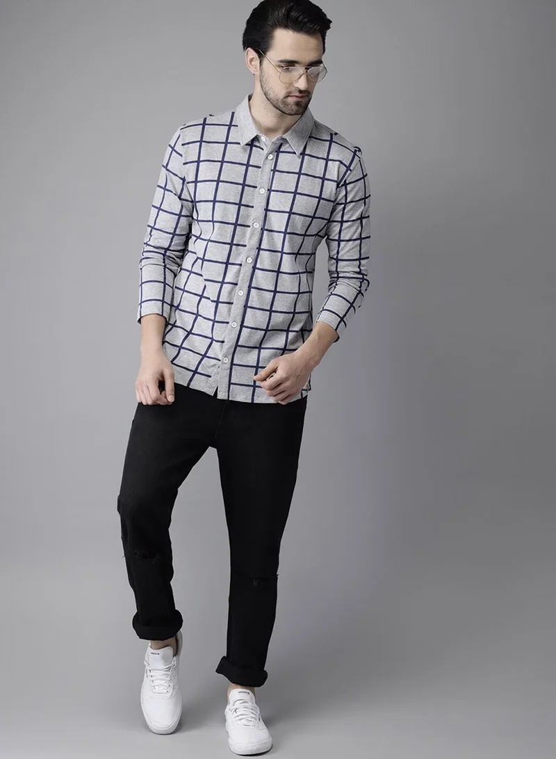Campus Sutra Campus Sutra Men's Grey Graph Check Shirt For Casual Wear | Spread Collar | Long Sleeve | Button Closure | Cotton Shirt Crafted With Comfort Fit For Everyday Wear