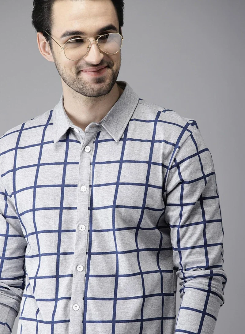 Campus Sutra Campus Sutra Men's Grey Graph Check Shirt For Casual Wear | Spread Collar | Long Sleeve | Button Closure | Cotton Shirt Crafted With Comfort Fit For Everyday Wear