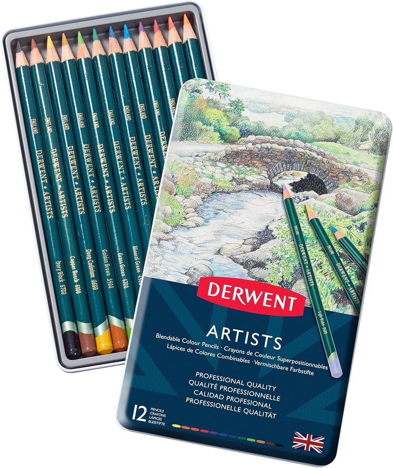 Derwent Artists' Colored Pencil Tin Set - 12 Professional Quality Blendable Color Pencils - Image 1