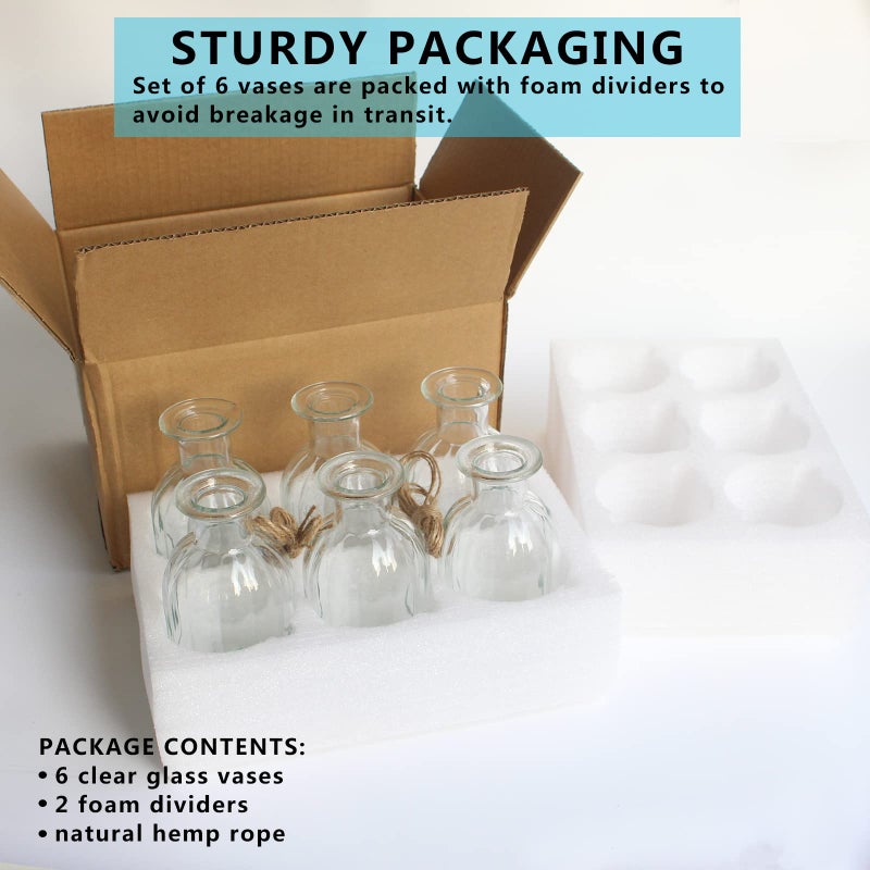 HANIHUA Bud Vases Set of 6 Small Glass Vase for Flowers  Clear Vase Set for Wedding Decor  Home Decorative Vases for Table Shelf  Mini Bud Vases in Bulk 2.85""X 5.4"" - Image 2