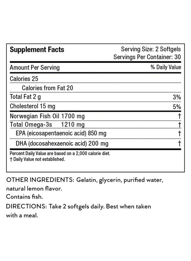 Nutri-Rich Mega EPA + DHA Fish Oil Softgels Norwegian Sustainable Omega 3 Supplements Fatty Acids, Gluten-Free, Burp-Free, Lemon Flavor, 1,210 mg Omega for Heart Health Support (60 Count) - Image 5