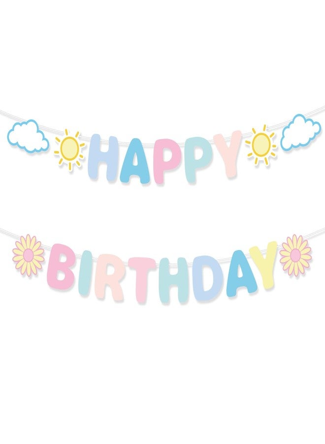 Penitue Pastel Happy Birthday Banner, Pre-Strung Rainbow Macaron Birthday Party Decorations with Sun Daisy Pattern Hanging Wall Decor for Women Girls Boys Adults Backdrop - Image 1