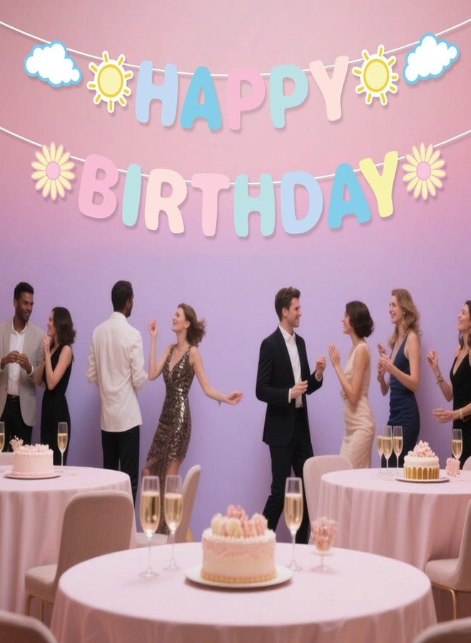 Penitue Pastel Happy Birthday Banner, Pre-Strung Rainbow Macaron Birthday Party Decorations with Sun Daisy Pattern Hanging Wall Decor for Women Girls Boys Adults Backdrop - Image 4