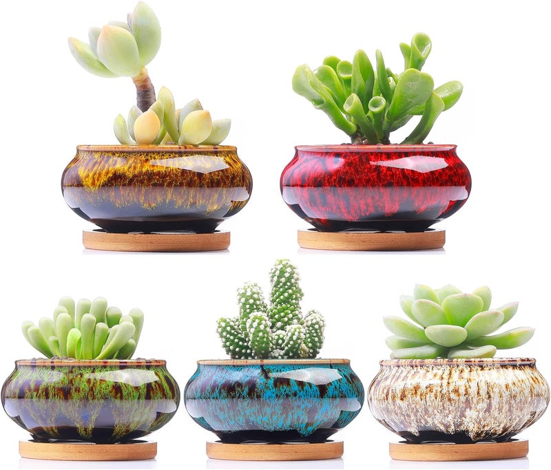 LamDawn Cute Ceramic Succulent Garden Pots, Planter with Drainage and Attached Saucer, Set of 5 -Plants Not Included (Burner) - Image 1