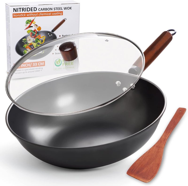 DIIG مقلاة ووك بغطاء، مقلاة ووك من الفولاذ الكربوني بقطر 33 سم للتحريك والشواء، مزودة بملعقة خشبية، مقلاة ووك من الفولاذ الكربوني، مقلاة ووك صينية غير لاصقة معالجة بالنيتريد، ذات قاع مسطح مناسبة للمواقد الكهربائية والغازية. - Image 1