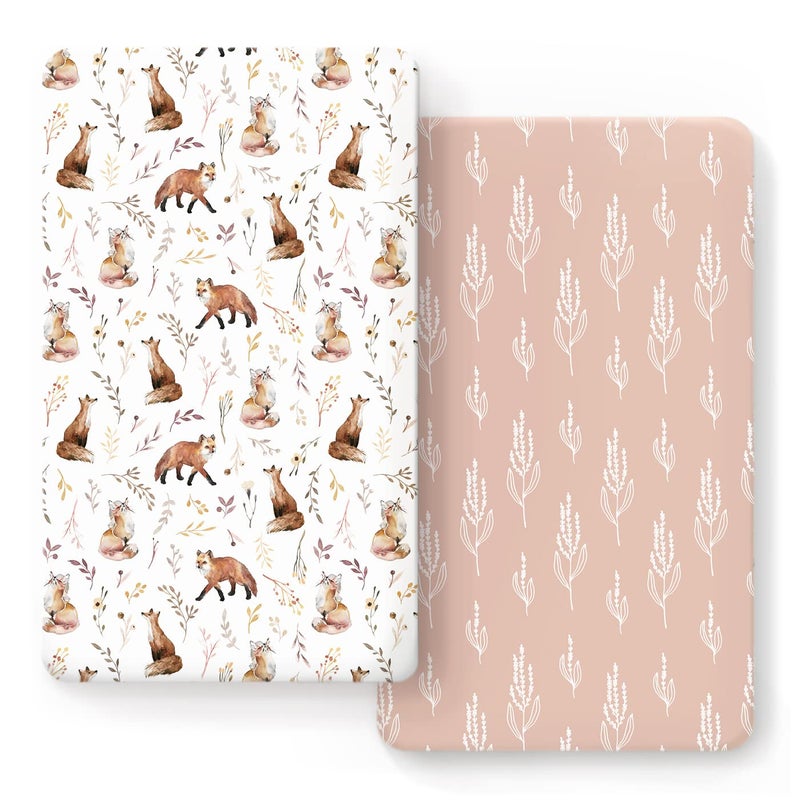 GRSSDER Stretch Ultra Soft Jersey Knit Fitted Crib Sheets Set 2 Pack，Fits All Standard Crib Mattress Pads Safe and Snug, Crib Fitted Sheet for Baby, Pretty Fox for Girls - Image 1