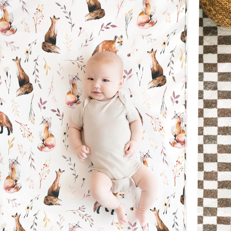 GRSSDER Stretch Ultra Soft Jersey Knit Fitted Crib Sheets Set 2 Pack，Fits All Standard Crib Mattress Pads Safe and Snug, Crib Fitted Sheet for Baby, Pretty Fox for Girls - Image 3