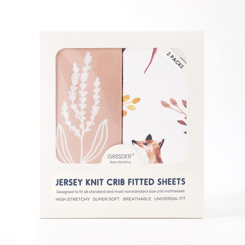 GRSSDER Stretch Ultra Soft Jersey Knit Fitted Crib Sheets Set 2 Pack，Fits All Standard Crib Mattress Pads Safe and Snug, Crib Fitted Sheet for Baby, Pretty Fox for Girls - Image 4
